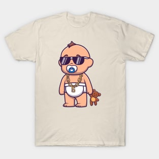 Cute Cool Baby Holding Teddy Bear Doll Cartoon T-Shirt